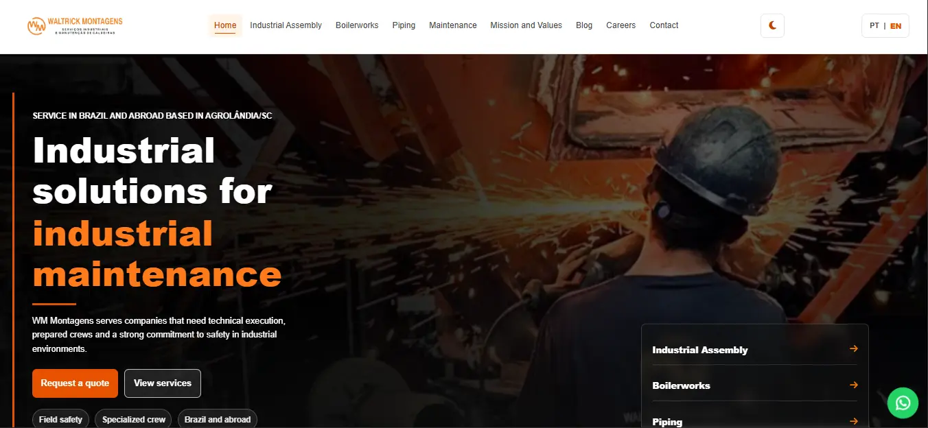Página inicial do site profissional WM Montagens